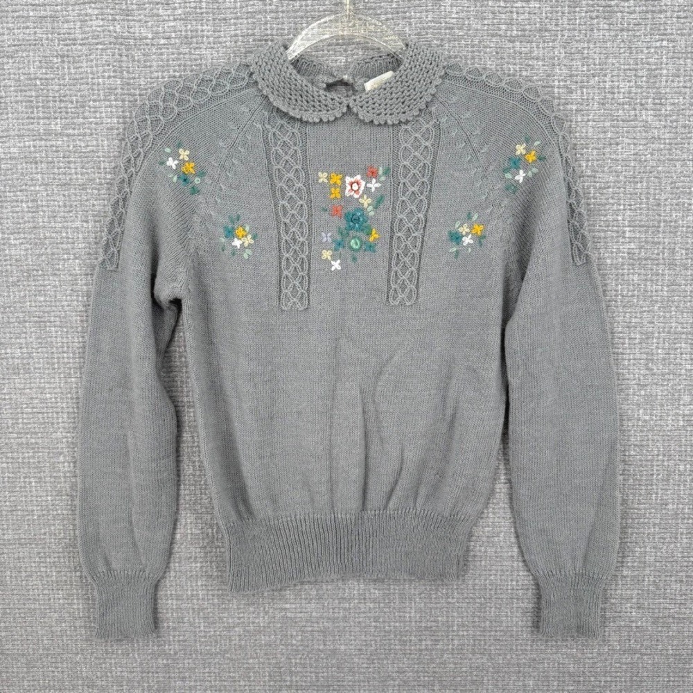 Vintage Y2K Cottage Sweater Women L Gray Embroidered Floral Knit Trad Retro